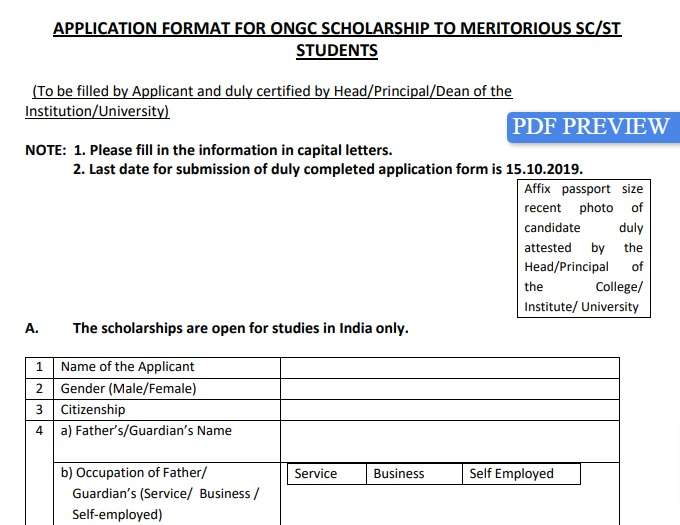 Application Format for ONGC Scholarship to Meritorious SC, ST Students