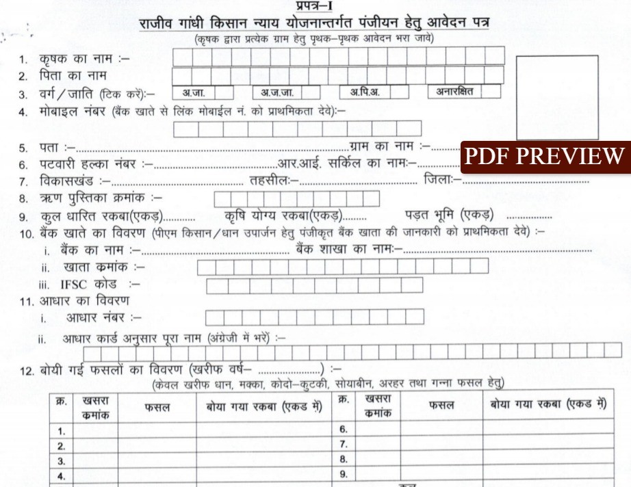 Kisan Nyay Yojana New Form PDF in Hindi